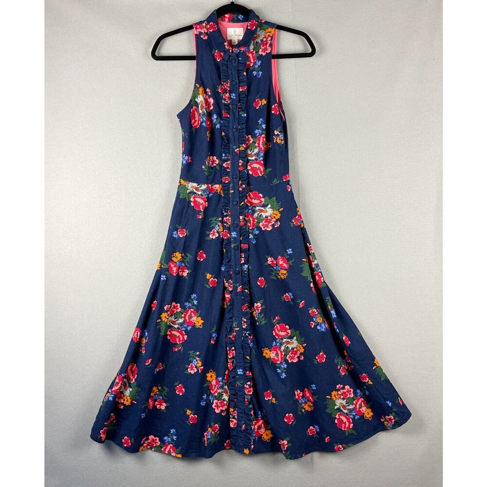 Julie Brown Floral Midi Dress Women 2 Blue Ruffle Cottagecore Whimsy Artsy Retro